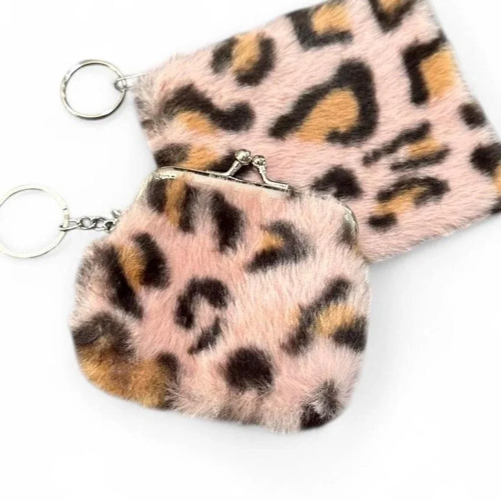 NWOT Fuzzy Animal Print Keychains with Pink Base & Silver Hardware